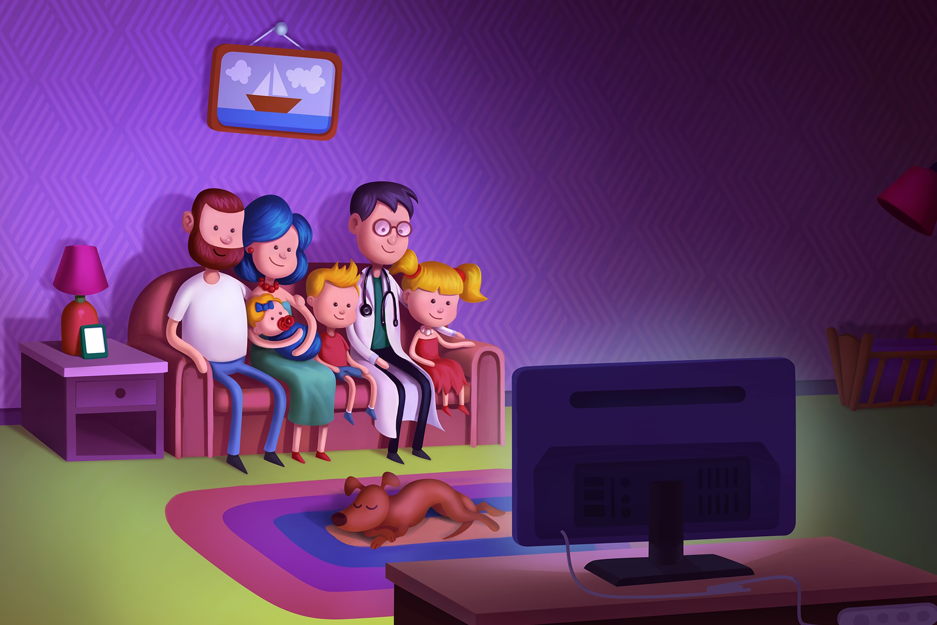 Campanha publicitária para plano de saúde Unimed Pleno ilustração 3D família no sofá